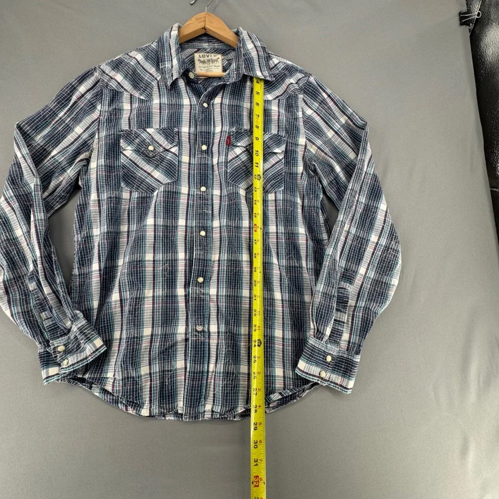 Levis Mens Plaid Western Pearl Snap Long Sleeve Shirt Blue Purple Medium